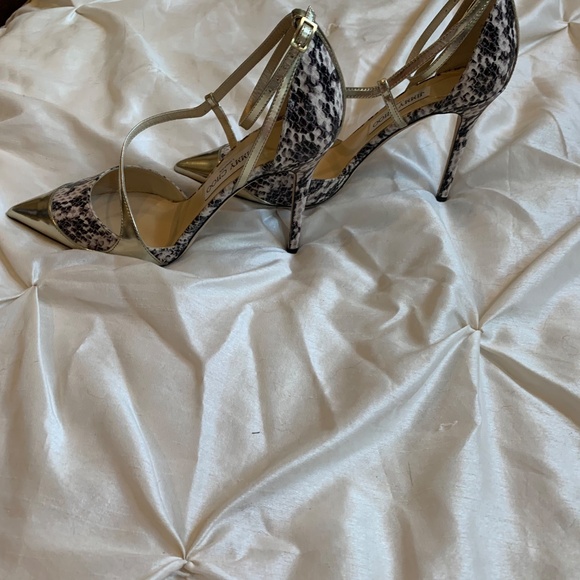 Jimmy Choo Gold/Beige Snakeprint Leather Dorsey Pumps sz 39 - Picture 7 of 10